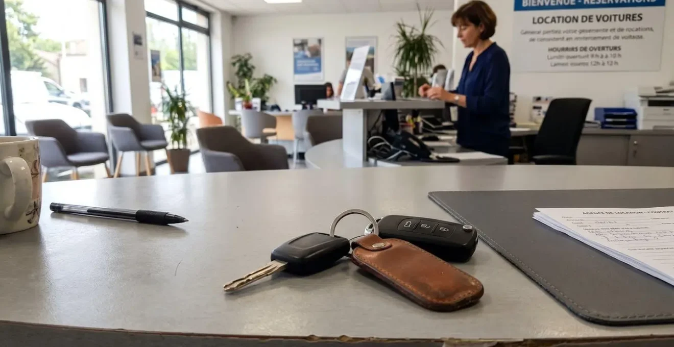 Clés de véhicule de location avec porte-clés posées sur un comptoir d'agence moderne